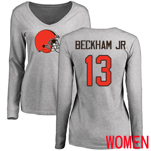 Cleveland Browns Odell Beckham Jr Women Ash Jersey #13 NFL Football Name and Number Logo Long Sleeve T Shirt->women nfl jersey->Women Jersey